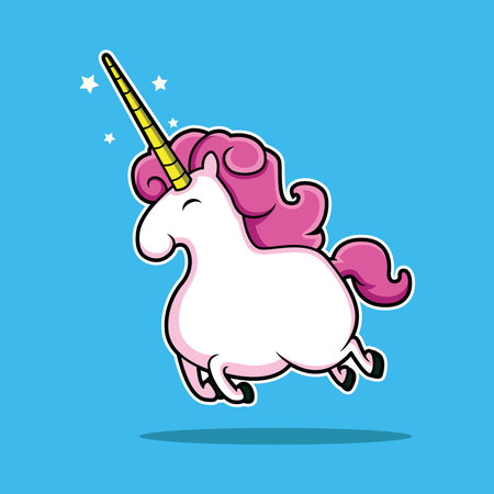Fat Unicorn with Long Yellow Horns. Vector Animal Cartoon Illustration Isolated on Blue Backgroundのイラスト素材