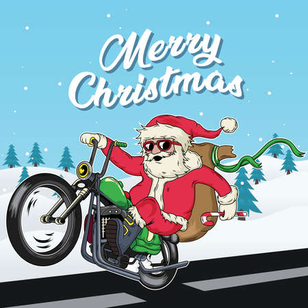 Santa is riding a vintage motorcycle in winter. Vector Icon Illustration with Snow Backgroundのイラスト素材