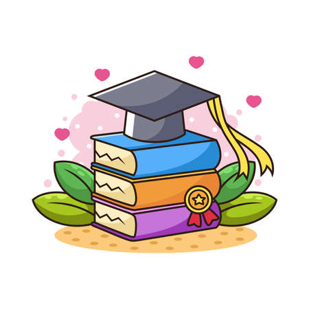 Graduate Cap with Books and Leaf Cartoon. Education Logo. Academic University Vector Icon Illustrationのイラスト素材