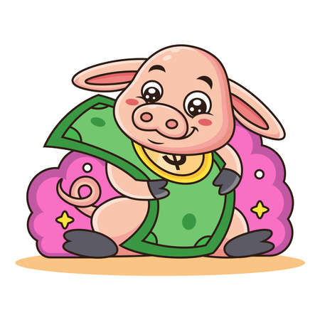 Cute Pig with Money Cartoon. Animal Vector Illustration, Isolated on White Backgroundのイラスト素材