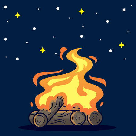 Illustration of Camp Fire with Stars Cartoon. Symbol Vector Icon Illustration, Isolated on Navy Backgroundのイラスト素材