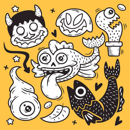 Funny Monster Cartoon. Doodle Vector Icon Illustration, Isolated on Premium Vectorのイラスト素材