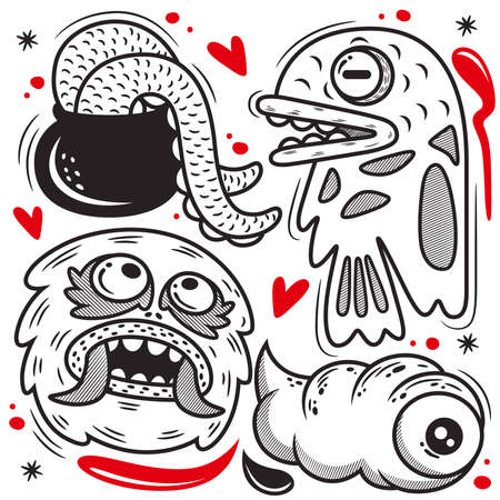 Cute Set Monster Cartoon. Doodle Vector Icon Illustration, Isolated on White Backgroundのイラスト素材