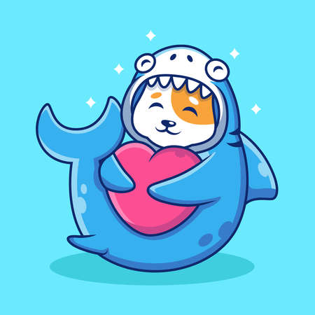 Cute Cat with Shark Costume Hug Heart Cartoon. Animal Vector Icon Illustration, Isolated on Premium Vectorのイラスト素材