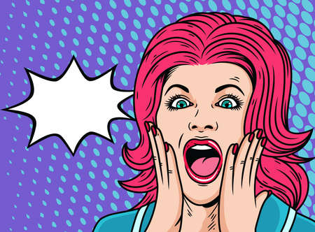 Surprised Shocked Woman Cartoon. Pop Art Vector Icon Illustration, Isolated on Premium Vectorのイラスト素材