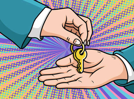 Business Cooperation with Key Cartoon. Pop Art Vector Icon Illustration, Isolated on Premium Vectorのイラスト素材