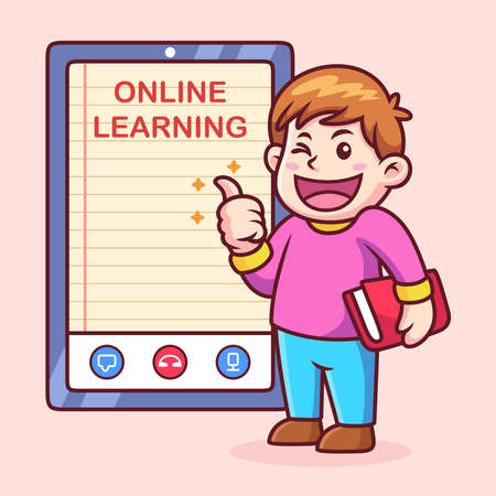 Boy Happy with Online Learning Cartoon. Vector Icon Illustration, Isolated on Premium Vectorのイラスト素材