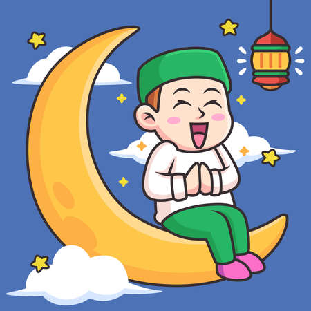 Boy with Moon with Ramadan Celebration. Vector Icon Illustration, Isolated on Premium Vectorのイラスト素材