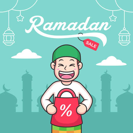 Muslim Cartoon with Ramadan Sale. Vector Icon Illustration, Isolated on Premium Vectorのイラスト素材