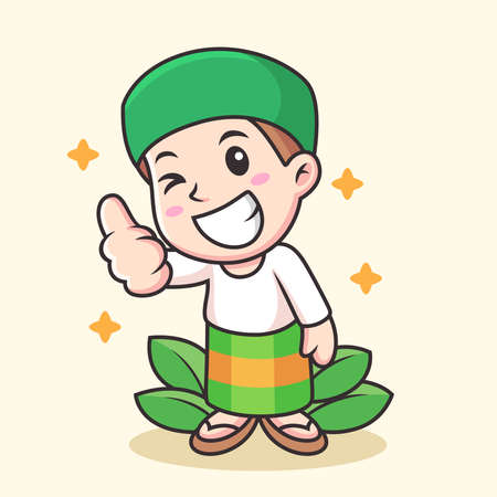 Muslim Cartoon with Thumb Up Pose. Vector Icon Illustration, Isolated on Premium Vectorのイラスト素材