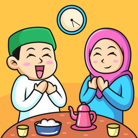 Muslim Couple Praying to Allah during iftar time for Break Fasting in Ramadan Month. Vector Icon Illustrationのイラスト素材