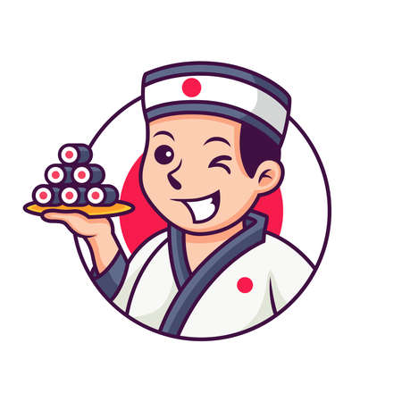 Japanese Chef Cooking Sushi Rolls Cartoon. Vector Icon Illustration, Isolated on Premium Vectorのイラスト素材