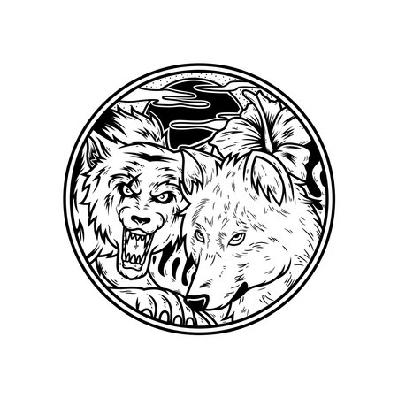 Illustration of wolfs with angry and good expressionのイラスト素材