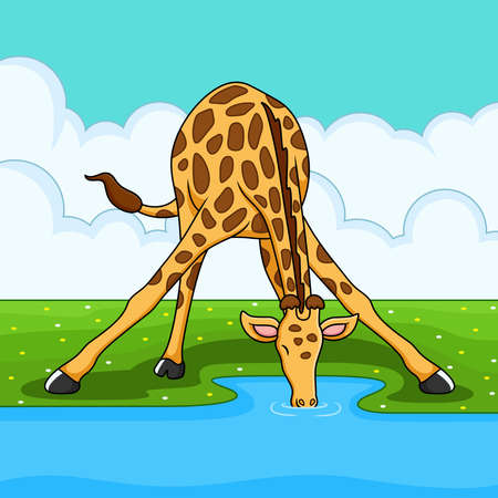 giraffe drinking water from the river cartoonのイラスト素材