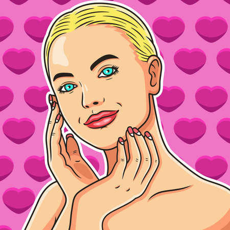 Beautiful model pop art. Beautiful woman with graceful pose holding hands on face. Isolated on premium vectorのイラスト素材