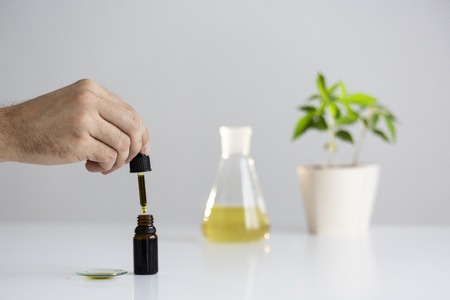 White table with Marijuana plant in pottery. Hand dropping CBD oil from pipette to the bottle