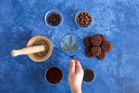 Cannabis cookies, cocoa, CBD oil, hemp seeds and coffee beans on dark blue background. Hand holding magnifying glass over marijuana leaf. Medicinal marijuana in food.の写真素材