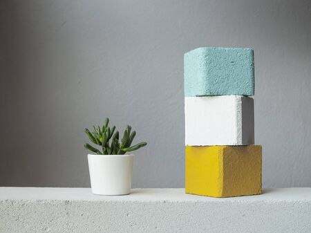 Succulent plant in white pot and turquoise, white and yellow cube decorations.の写真素材