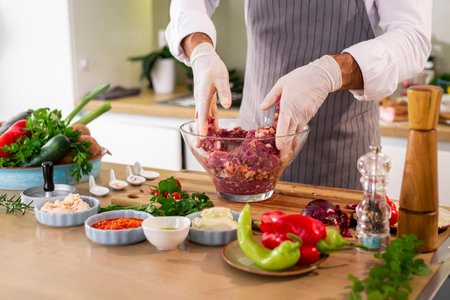 The chef mixing meatballs with spices and vegetables in a transparent glass bowl, while on the side of the work surface there are vegetables, slices of bacon, spices and small kitchen utensils.の写真素材
