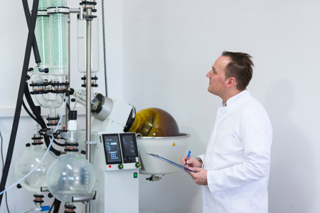 Scientist holding paper board and controlling rotational vaporizer during CBD oil extraction. Machine has green condenser and rotational flask where CBD hemp oil extraction is in process.の写真素材