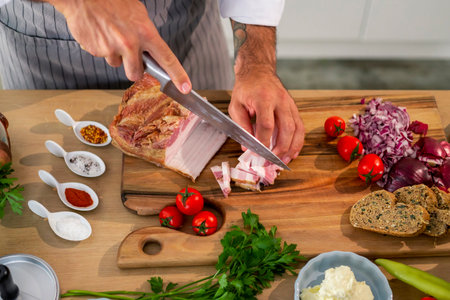 The chef cuts bacon in the kitchen on a wooden board. There are vegetables, slices of bread, spices and small kitchen bowls around the work surface.の写真素材