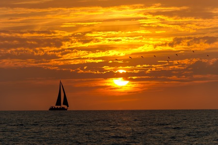 water as a flock of birds fly against a colorful vibrant orange and yellow cloudscape sunset.