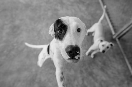 A Rescue Adoption Dog Is Looking Up With A Sad Look On Its Faceの写真素材