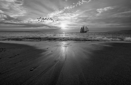 A Sailboat Ship Is Sailing Along The Ocean With A Wave Breaking On Shore Black And White