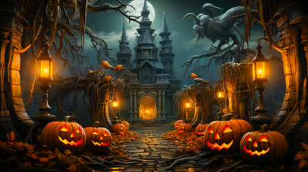A Carved Group Pf Jack O lanterns Sitting Outside A Haunted mansionの素材