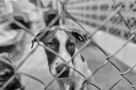A Rescue Adoption Dog Is Sticking His Nose Through The Fence Looking at The Cameraの写真素材