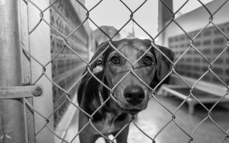 A Rescue Adoption Dog Is Sticking His Nose Through The Fence Looking at The Camera