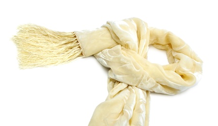 Elegant yellow shawl isolated on white backgroundの写真素材