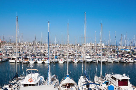 Barcelona city yacht port on sunny dayのeditorial素材