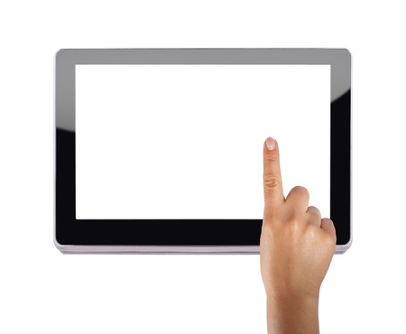 Modern tablet device over white background with index finger touching screenの写真素材