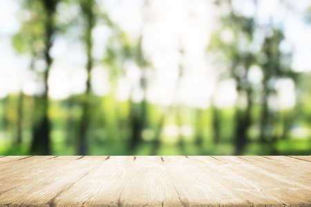 Wooden table for eat in morning park in sunlight.の写真素材
