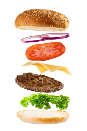 Fresh burger ingredients isolated on whiteの写真素材