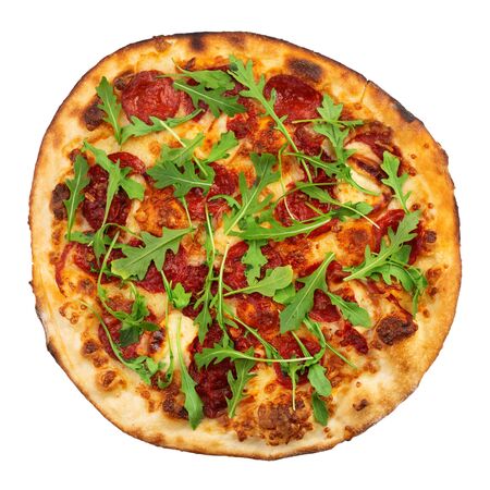 Top view of salami pizza on whiteの写真素材