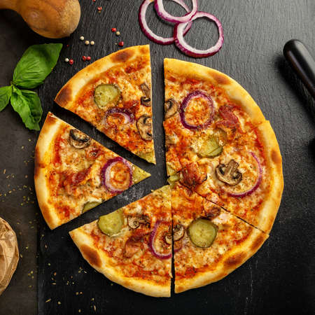 Top view of mushroom pizzaの写真素材