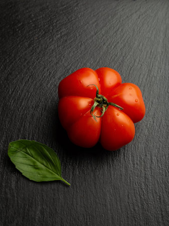 Tomato and basil on slate backgroundの写真素材