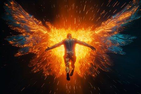 3d rendering of a man flying in the air with fire flames.の素材
