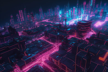 3d illustration of futuristic city with neon lights. Technology concept.の素材
