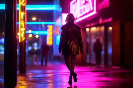 Beautiful young woman walking in the night city. Night photo.の素材