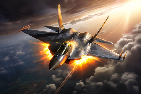 Fighter jet fighter in the sky. 3D render illustration.の素材