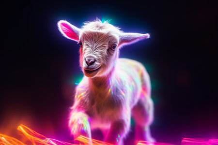 Cute little baby goat on a dark background with neon lights.の素材