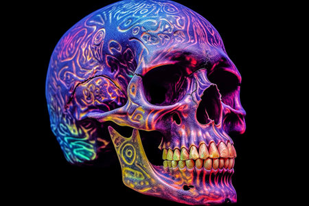 Human skull with multicolored neon light on a black background.の素材