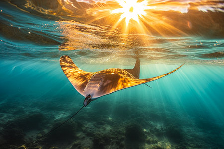 Manta ray in the sea at sunset, underwater photo with stingrayの素材