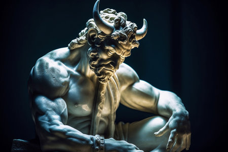 Statue of a devil with horns on a black background. Toned.の素材