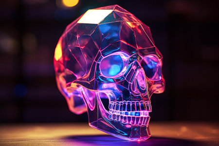 Skull in red neon light on dark background. Halloween concept.の素材