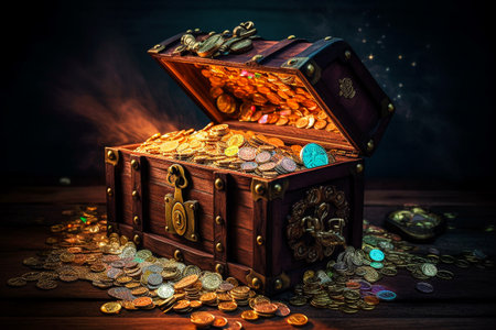 Treasure chest full of gold coins on dark background with copy space.の素材
