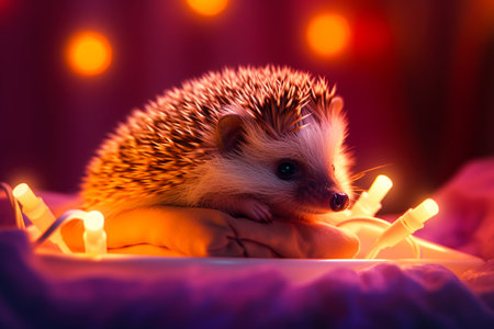 Hedgehog in bed with garland and lights on background.の素材